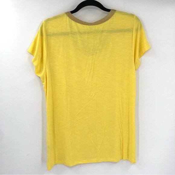 CALVIN KLEIN Pocket Tee Blouse Stretch Jersey Beaded Neckline L Yellow Top Women - Picture 5 of 5